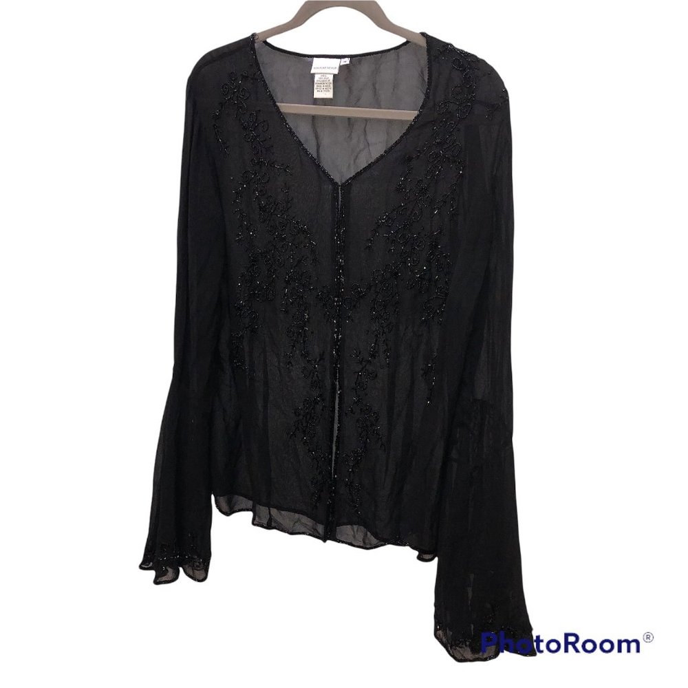 Newport News 100% silk STUNNING beaded flare cuff top PLUS 18